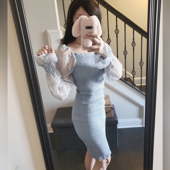 Shein light blue bodycon mesh floral long sleeve spandex dress Small - Picture 4 of 12